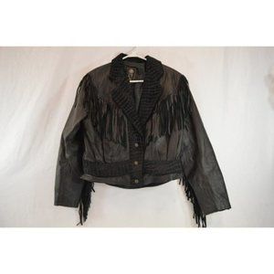 Global  Identity 80s Fringe Leather Jacket Western Cowgirl Black Vintage G-III